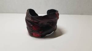 lot 5270 image: Red Black Brown Unique Edgy Patchwork with Antiqued Brass Studs Bohemian Hippie Womens Leather Cuff Bracelet