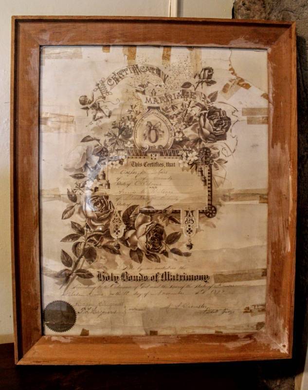 lot 1216 image: Antique Framed Marriage Certificate 1894