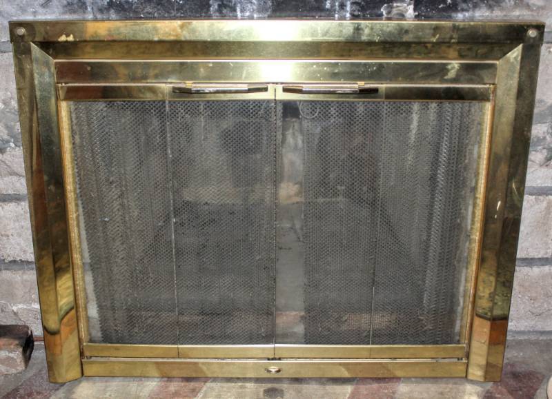lot 1281 image: Polished Brass Plated Masonry Fireplace Door 38.5 x 28.5 x 1.8 Thick