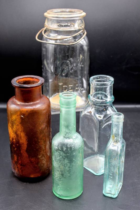 lot 1366 image: Antique Lea & Perrins Bottle, Dr. S. Pitchers Castoria Bottle, Ball IDEAL, Large Mouth Amber 2132 and more