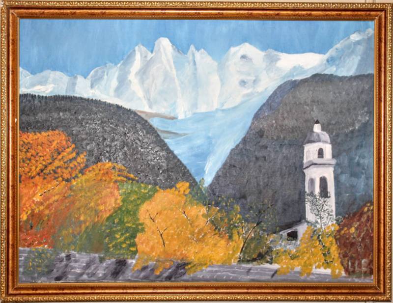 lot 1265 image: (2) Vintage Framed Artworks, Print of Mademoiselle Irene Cahen DAnvers, 1880 17.5 x 21.5 in simple wood frame Renoir and Oil Hand Painted Grison Mts in Zurich, Switzerland  by Lee  1963