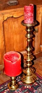 lot 1451 image: Pair of Vintage Brass Candle Holders, Single Pillar 26 Tall and Multi-wick 8 Tall