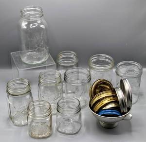 lot 1454 image: (9) Ball, Mason, and Kerr Jars, Lids and (1) Aluminum Wide and Regular Canning Funnel