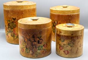 lot 1463 image: Vintage 1950s Spun Aluminum Hand Painted Canister Set (4)