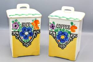lot 1464 image: Bright Vintage TBICO Czechoslovakia Czech Hand Painted Ceramic Rice & Coffee Cannisters