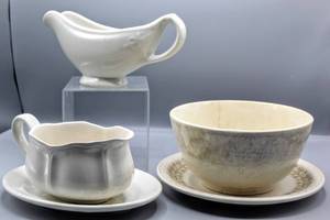lot 1467 image: Vintage WWII U.S.Q.M.C. Gravy Boat, Vintage Mayer Oval China, Federalist Ironstone Gravy Boat, Syracuse China Plate 9-J, Glazed Pottery Bowl