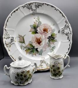 lot 1469 image: Signed Bernadotte Czech Republic Hand Painted Fine Porcelain China 12.5 Round Platter and Unmarked Creamer and Sugar Set