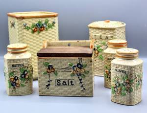 lot 1470 image: Hotta Yu Shoten & Co. Basketweave Pattern (6) Piece Salt Box, Canister and Shaker Set 1920-30s