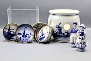 lot 1474 image: Delft Blauw Blue Handpainted Bulb Planter, (4) Blue White Windmill Dutch Theme Coasters and Pair of Dutch Boy & Girl Figurines