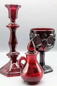 lot 1486 image: Avon Ruby Red & Cape Cod Cranberry Glass (3) Piece Lot