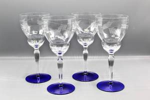 lot 1495 image: Weston Delicate Art Deco Fine Stemmed Etched Glasses with Cobalt Blue Base