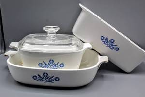 lot 10 image: Vintage Corning Ware Blue Cornflower Casserole Dishes, 2 QT P-315-B Bread Pan, 3-1 34 Qt -B Casserole, Pyroceram A 13 Casserole Pan
