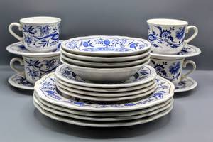 lot 9 image: Blue Oriental Onion Ironstone 4610 (4) Complete Place Settings- (24) Pieces Total