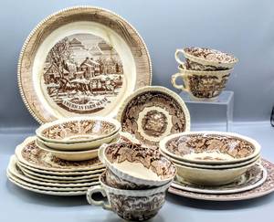 lot 1503 image: 21 Piece Vintage Masons Patent Ironstone China Vista England, WM Adams & Sons Real English Ironstone China, Royal China by Janette Company American Farm Scene Currier & Ives