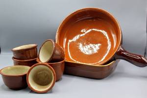 lot 1504 image: Vintage Vulcania Earthenware 12 Made in Italy Handled Pottery, (6) Weller Redware Pottery Ramekins, Custard Cups Servers, and 9 Pottery Bakeware