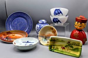 lot 1508 image: (9) Piece Lot - Misty Rose (2) Bowls Koi Carp Fish, Nippon Handpainted Bowl, Noritake Handpainted Dish, Blue Willow Paden City Pottery Plate, Blue & White Ginger Jar and Asian Bobblehead Bank of China