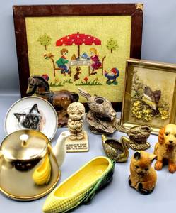 lot 1516 image: Large Lot Vintage Finds - Tea Pot with Brass Warmer Cover, Bavarian, Paula 1977 Figurine, VtgAntique Framed Needlepoint, 1935 Figurines, Corncob Dish and more