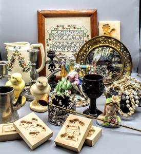 lot 1398 image: Assorted Lot FULL of Fun Vintage Finds German Biscuit Butter Blocks, Needlepoint Art, Thoren Bros. Hospital Property, Vintage Jewelry and more