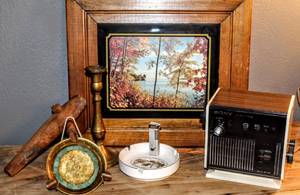 lot 1514 image: Vintage Mid-Century SONY Cube Digimatic Solid State, (2) Vintage Ashtrays and Pipe Lighter, Gorgeous Vintage Framed Art, Primitive Wood Barrel TapSpigot