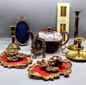 lot 1529 image: (9) Piece Lot of Beautiful Antique & Vintage Finds - Sadler Staffordshire Teapot, Brass Candlesticks, Ornate Frames and (2) Italian Modello Depositato Cherub Angel Wall Hanging Decor
