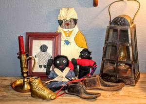 lot 1528 image: (9) Piece Lot Black Americana Folk Art Rag Dolls, Framed Rag Doll Art, Nautical Metal Lantern with Lamp inside, Antique Shoe Forms and more ...