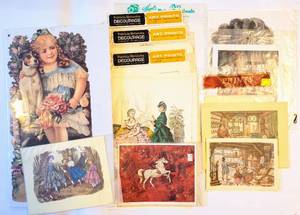 lot 1611 image: 13 Pieces Vintage Art Prints and Calendar Cutout (new in pkg) - includes Patricia Nimocks Decoupage Art Prints