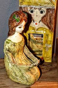 lot 1536 image: (9) Piece Revisit The Past Lot - Folk Art Doll Figurine, Folk Art Mirror, 7-UP The Uncola Glasses, Vintage Lamb Bank, Teapot, Vintage Towel, Pottery Vase, Vintage Wooden Cabin Music Box