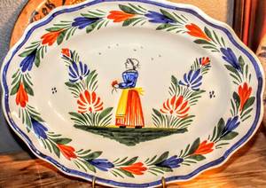 lot 1538 image: Quimper French Faience Pottery Platter France, (2) Hand Painted Swedish Wooden Plates, Single Hand Painted Colorful Decorative plate