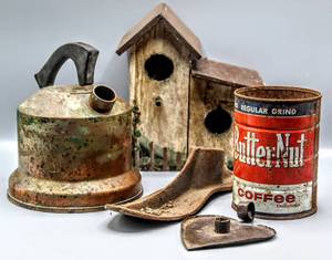 lot 1539 image: Farm Finds Lot - Solid Copper Kettle, Butter-Nut Coffee Can, Wooden Birdhouse, Shoe Form and Primitive Candle Holder