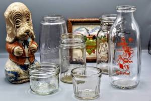lot 1543 image: Variety of Mason Jars - Drey, Atlas, Ball & Kerr, Vtg Glass Milk Bottle, Old dog statue and Framed Needlepoint