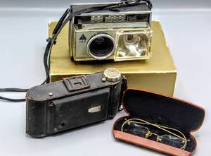 lot 1550 image: AntiqueVtg Ornate Gold Wire Rim Octagonal Eyeglasses in Case, Tower 127 Automatic II Camera & Vintage Made in Germany Camera