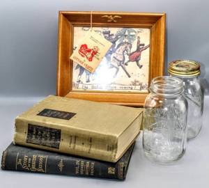 lot 1549 image: The British Are Coming Framed Fabric Sculpture, (2) Bicentennial  Mason Jars, (2) Antique Hardback Books The Rise of The Third Reich and The Story Of The Greatest Nations Vol. 4