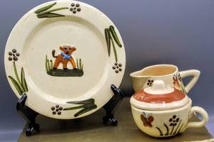 lot 1544 image: Vintage (17) Piece P.A.W. Czechoslovakia Czech Pottery Set Childs Tea Set Puppy Dog Butterfly