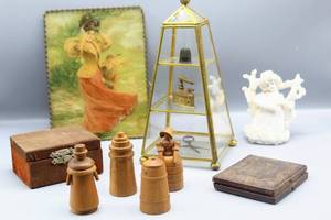 lot 1560 image: Antique Victorian Leather Mourning Photo Frame, Glass Miniature Curio Cabinet, Unique Wood Figures & Figurine