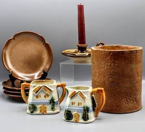 lot 1459 image: Frankoma Pottery Dessert Plates (4), Dutch Windmill Creamer and Sugar Set Made in Occupied Japan, Pottery CandleStick HolderAshtray, Pottery Canister with Mandala Pattern