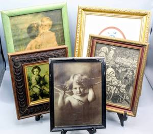 lot 1567 image: (5) Framed Vintage Prints Largest 12 x 10 Little Girl Holding Her Dog and Smallest 9 x 7 Boy with His Sheep