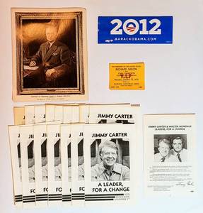 lot 1621 image: (17) 1976 JIMMY CARTER  WALTER MONDALE Campaign Brochures, 1970 RICHARD NIXON VIP Speech Ticket, 2012 BARACK OBAMA Sticker  TRUMAN Print