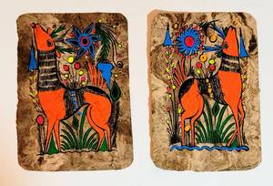 lot 1622 image: Art Variety Lot - (2) Hand-painted Bark Paintings, 1930s Prints from Magazines, Die-Cut Mini Calendars plus more