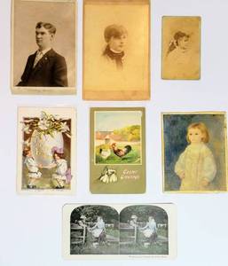 lot 1623 image: (3) 19th Century Photographs, (2) Antique Postcards (post marked 1910 wstamps), (1) Stereoview Card