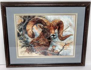 lot 1576 image: Beautiful Vintage 1983 Framed and Matted Print By K. Maroon Longhorn Ram 20.5 x 17.5