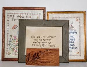 lot 1579 image: (4) Wall Decor Items including Needlepoint and Handmade Wood Art