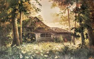 lot 1585 image: Gorgeous Wood Framed Vintage House In the Woods Framed Print 22.5 x 17 x 1 Frame