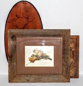 lot 1586 image: (4) Vintage Wall Art Decor Lot, Woodcarving, Hand Painted Slate Tile, Signed Chipmunk Artwork