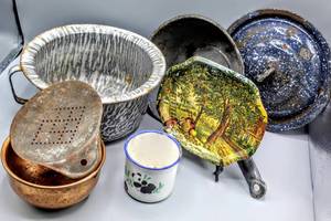 lot 1531 image: Vintage Metal Enamel Wares, Copper Bowl, Butterfly Brand Panda Cup Made in China, Small Decorative Curry and Ives Tray, Antique Hand Strainer