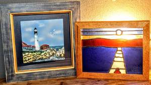 lot 1588 image: Beautiful Framed Stained Glass Art and Framed Lighthouse Scene
