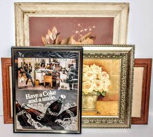 lot 1589 image: (4) Piece Art Lot - Framed Home Sweet Home Needlepoint Sampler, Vintage Coca-Cola Ad (framed), Mid Century Turner Floral (framed)  Kathryn White Bouquet Roses Floral (framed)