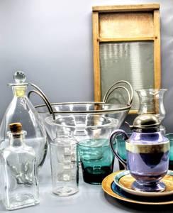 lot 1532 image: Large Assorted Vintage Glass Lot including Victory Washboard, Crystal Decanter, Vintage Dont Drink Water Glass Bar Beer Short Novelty Glass