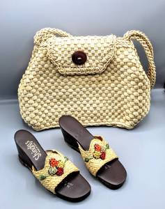 lot 1635 image: Vintage Woven Wicker Handbag and Shindig Woven Floral Designer Wedge Sandals Size 7.5