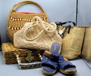 lot 1636 image: Retro Vintage Style Lot (4) Wicker Woven Handbags Totes incl Woolf Brothers with Bamboo Handles & (1) Pair Denim Wedge Sandals Sz 7