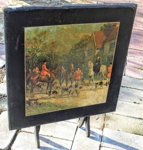 lot 7 image: Vintage Folding Bridge Table with Novelty Topper Wooden Ornate English Hunting Scene